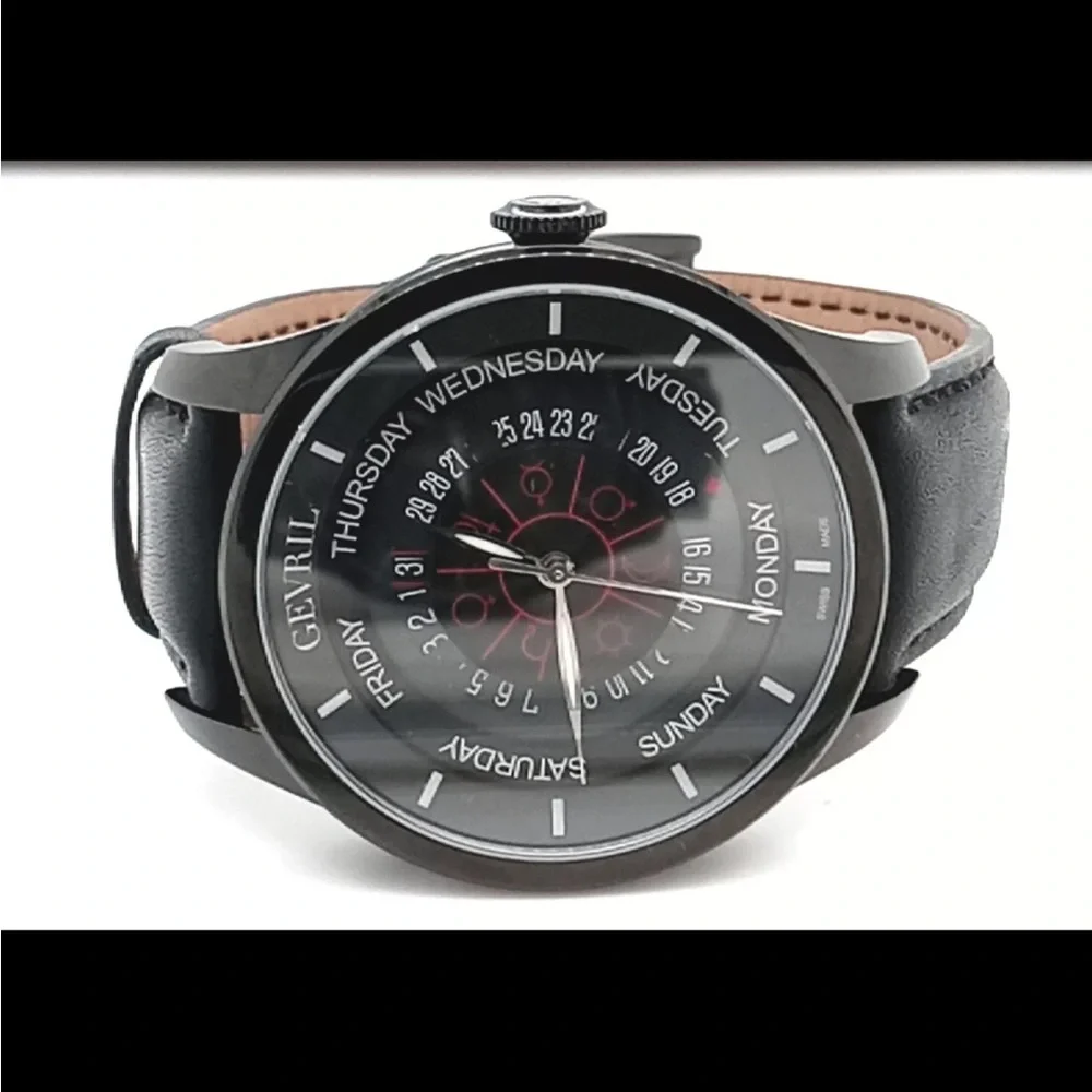 GEVRILColumbus Circle Automatic Black Dial Black Leather Men's Watch 2001 #109